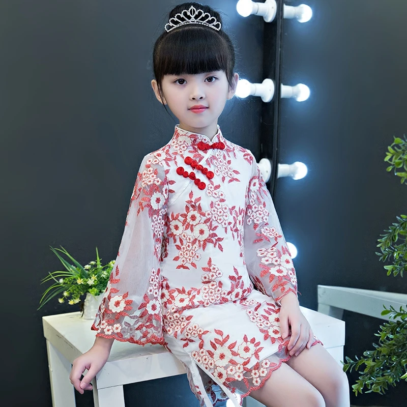 Для маленьких девочек cheongsam с длинным рукавом династии Тан костюм китайский стиль Современное Ципао красивый цветок газовое платье с вышивкой