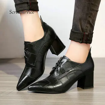 

Woman Low Square Heel Lace Up Genuine Leather Pumps Fashion Pointed Toe Causal Shopping Ladies Shoes Black