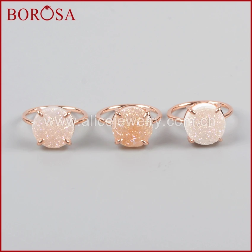 BOROSA Druzy каменное кольцо 12 мм круглое розовое золото черный серебряный цвет коготь