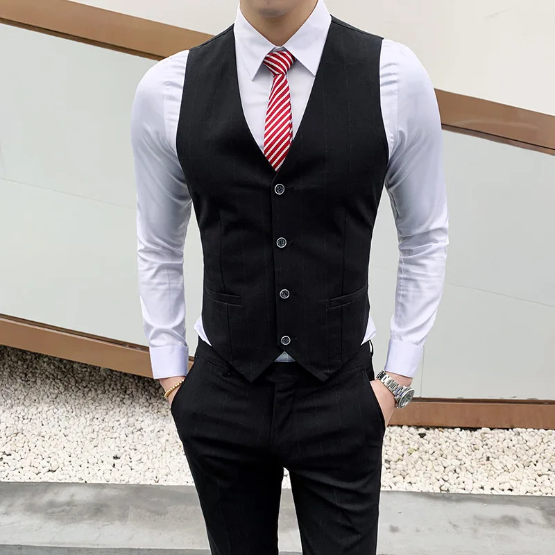 Mens Two Pieces Pant Vest Social Suit Fashion Men Plaid Business Suit Set Slim Fit Casual 1