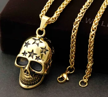 

Men's Golden 316L Stainless Steel Bling Skull Biker Rocker Pendant Nekclace