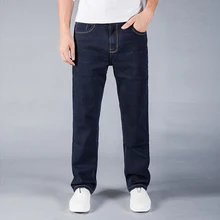 Средний возраст, свободные прямые джинсы для больших и высоких мужчин, мужские Стрейчевые синие джинсы, брендовые штаны размера плюс 42 44