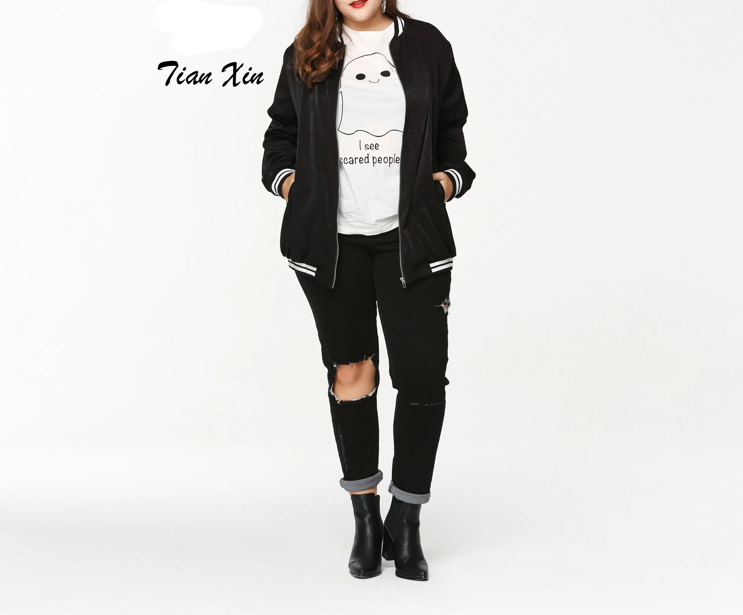 Women Classic Plus Size Black Baseball Casual Zip Up Bomber Jacket