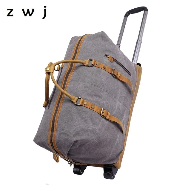 High capacity Men Large Canvas luggage Trunk Trolley Case Suitcase on