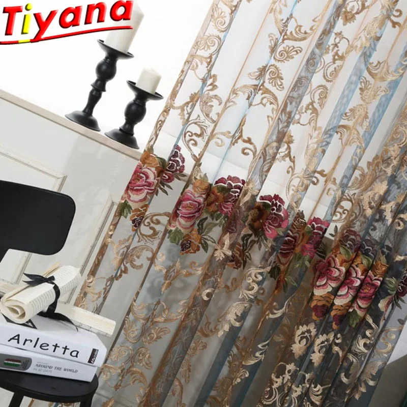 

Luxury fancy modern embroidered curtain voile tulle blue brown sheer art floral valance drape for living room bedroom WP006 &30