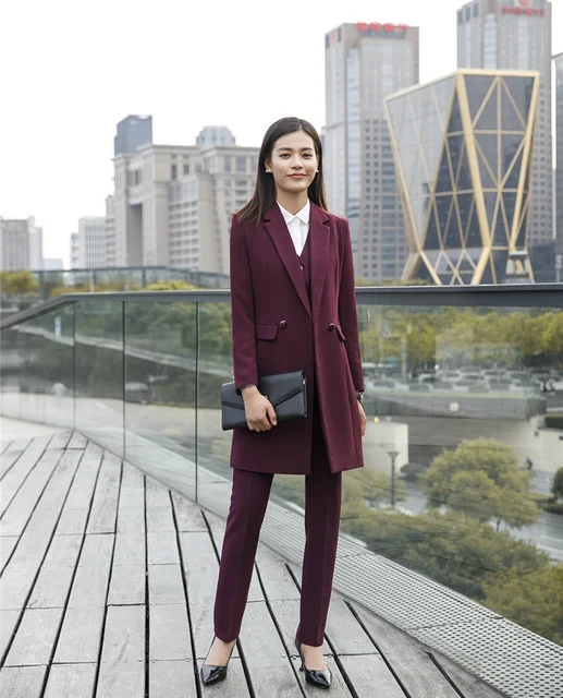Pant Suit Women Business Suits 3 Waistcoat Pant And Jacket Sets Purple  Trench Coat Long Blazer Ladies Work Wear ClothesWomens From Xiajiaohao,  $77.33