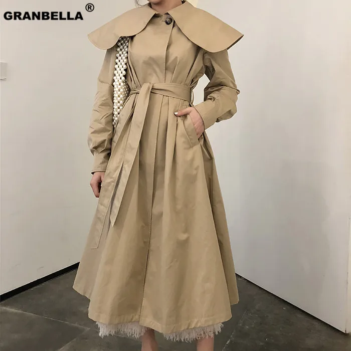 

2019 New Huge Lapel Collar Long Sleeve Classic Khaki Windbreaker Women Trench Coat Fashionable Belt Cloak Coats