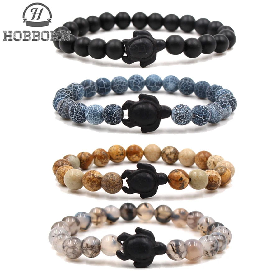 

HOBBORN Trendy Beads Tortoise Charm Men Bracelet Handmade Amazon Map Picture Stone Strand Elasticity Mens Bracelets Jewelry Cruz