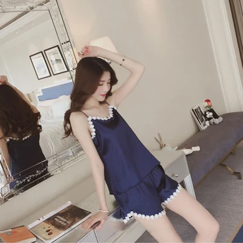 

Women Sexy Lace Strap Pajamas Set Silk Satin Top + Shorts Summer Sleeveless Lace Sleepwear Satin Nightwear Sets Elastic Pajamas