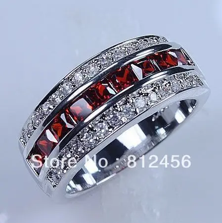 

Size 8/9 /10/11/12 Classic Cocktail Jewelry Red Garnet 10KT White Gold Filled GF Gem Ring Band for Men gift