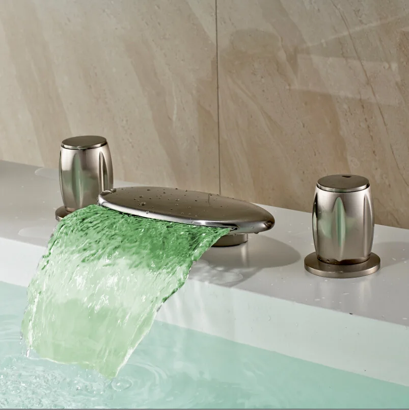 Modern Deck Mounted LED 3Pcs Bathtub Basin Sink Waterfall Spout Mixer Tap Brushed Nickel Bathroom Faucet