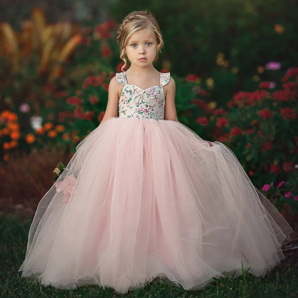 

2019 Kids Baby Girls Floral Tutu Dress Party Wedding Dresses Princess Tulle Long Maxi Dress Summer Children Baby Girl Clothing