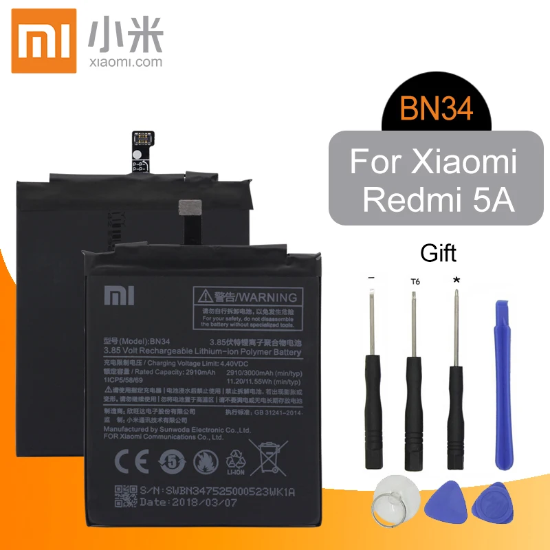 

Xiao Mi BN34 Original Replacement Phone Battery 2910mAh High Capacity For Xiaomi Redmi 5A 5.0" + Free Tools
