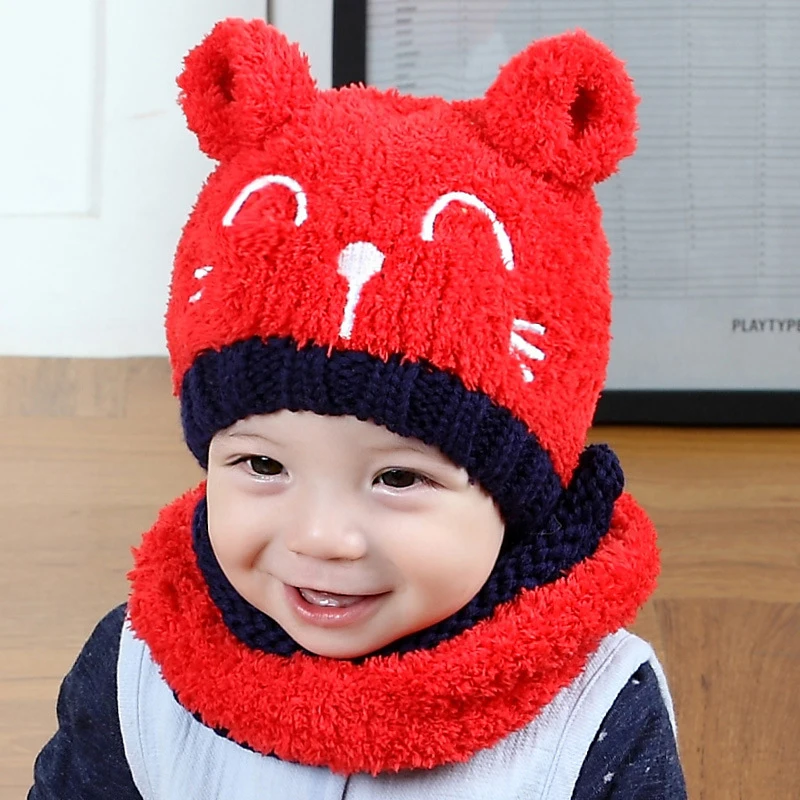 Pudcoco Baby Hats Cute Baby Toddler Winter Beanie Warm Hat Hooded Scarf Earflap Knitted Cap Kids - Цвет: Красный