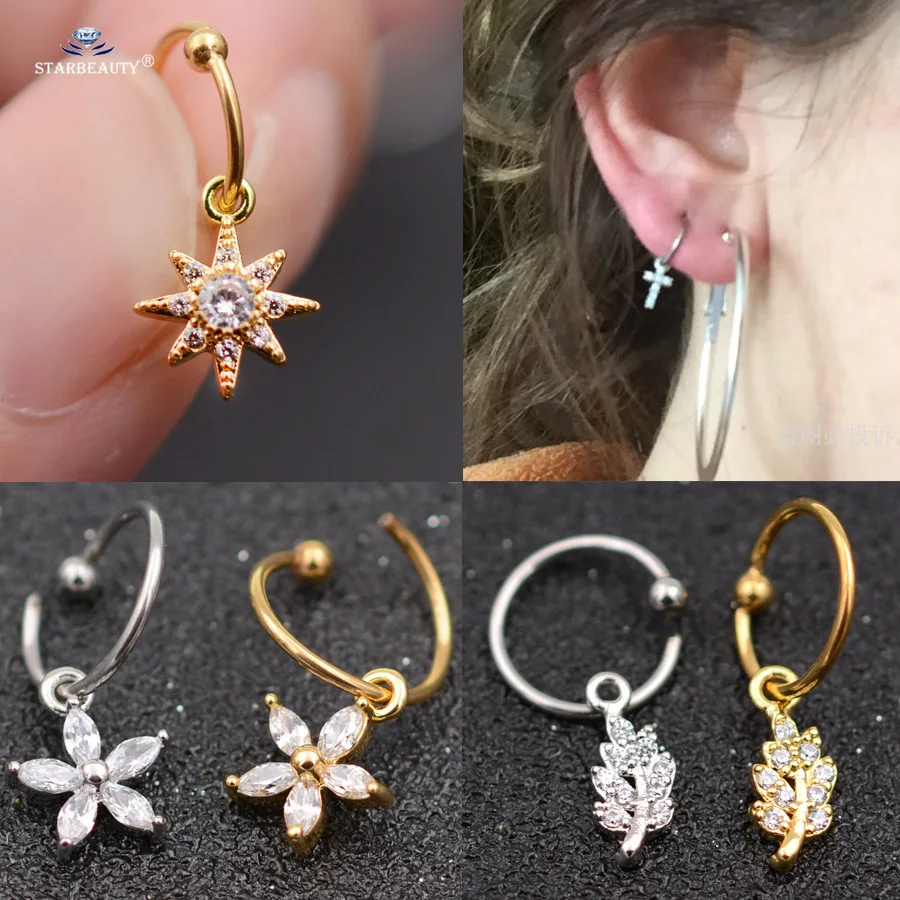 

Crystal Heart Leaf Ear Piercing Helix Daith Cartilage Hoop Septum Fake Nose Ring Nostril Piercing Tragus Earrings Fake Piercing