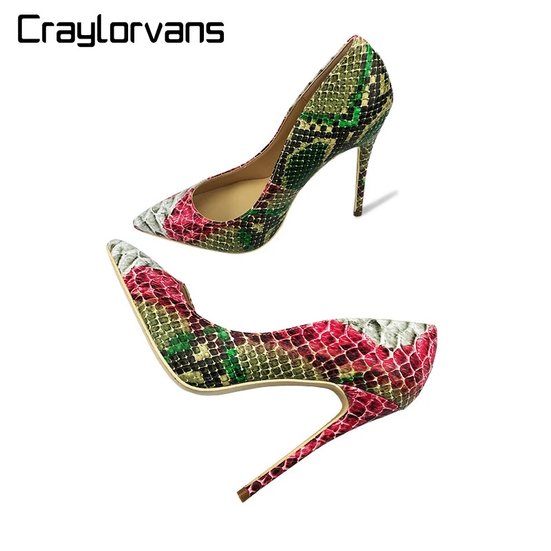 Vente Craylorvans 12 cm 10 cm 8 cm 2018 Nouveau Serpent Impression femmes chaussures Vert chaussures à talons hauts Sexy pompes de mariage chaussures taille 43