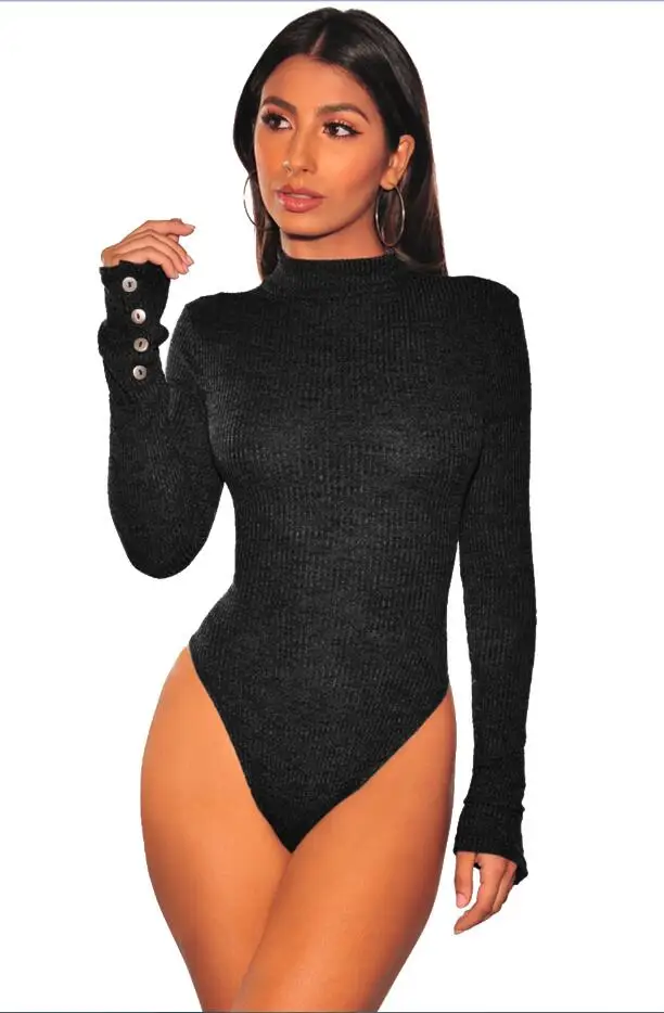 sexy bodysuit 2019 Autumn Winter Elegant Rompers Women Gray/Black/Navy Mock Neck Ribbed Knit Long Sleeves Bodysuit Latex Catsuit fishnet bodysuit Bodysuits