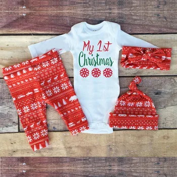 

My 1st Christmas outfits set / romper with long sleeves + snowflake headband + hat + leggings set / 4 pcs set