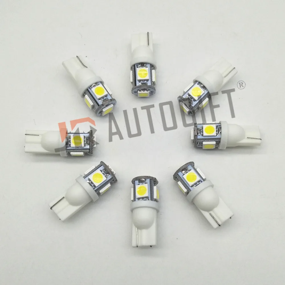 200PCS 12 V/24 V Авто-Стайлинг T10 габаритный фонарь T10 5050 5SMD белый красные, синие с принтом в виде зеленой машинки, авто светодиодный T10 194 W5W Клин лампочки лампы