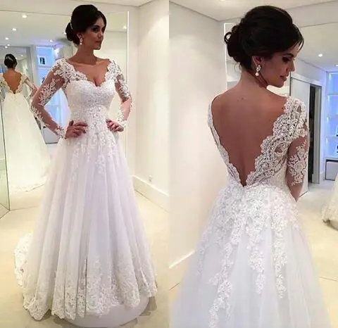 Сексуальные свадебные платья с открытой спиной Robe De Mariage дизайнерские свадебные платья с длинными рукавами ручной работы кружевное Тюлевое свадебное платье трапециевидной формы
