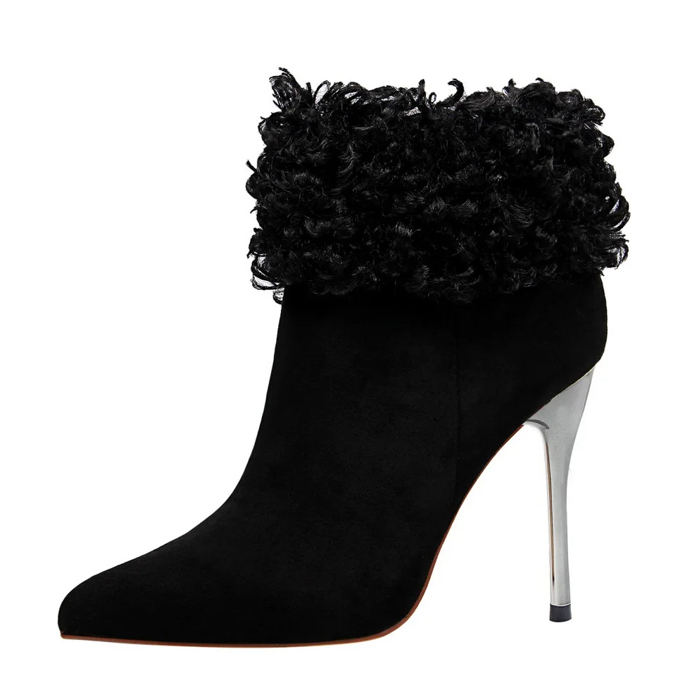 

new winter women's boots high heels sexy nightclubs hairy ankle boots women black plush girls pointed toe sock ladies shoes