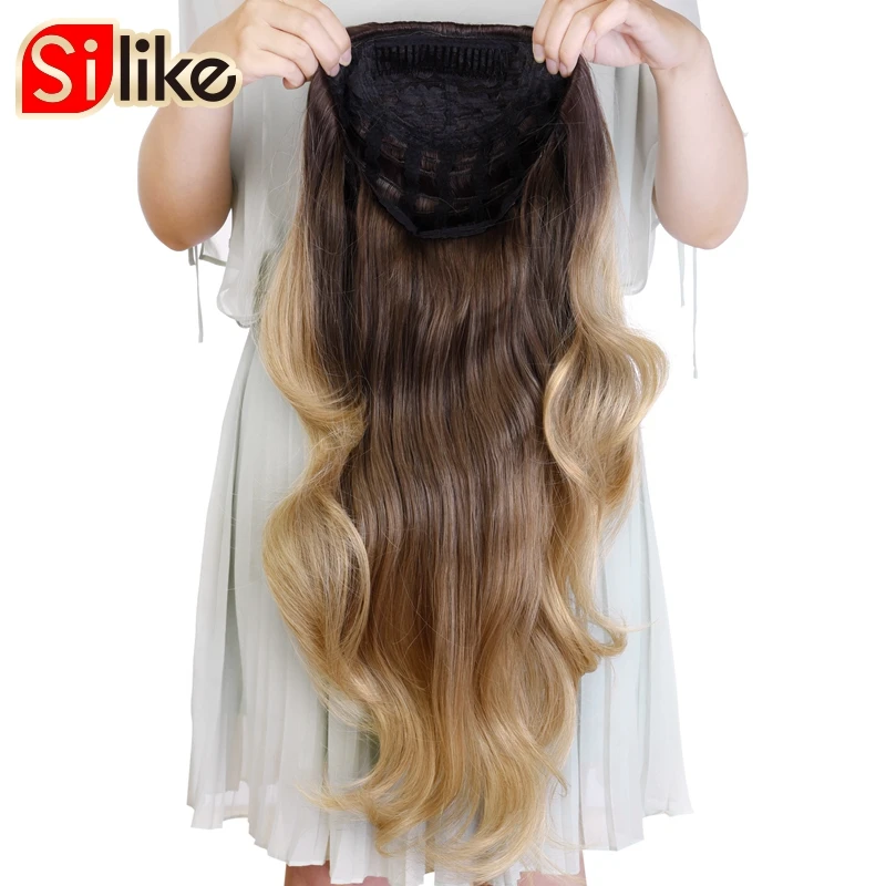 Silike 24Inch Synthetic Wavy 3/4 Half Wig Long Hair Extensions Ombre Blonde Capless Wigs Hair Clips Extension For Women 210g images - 6