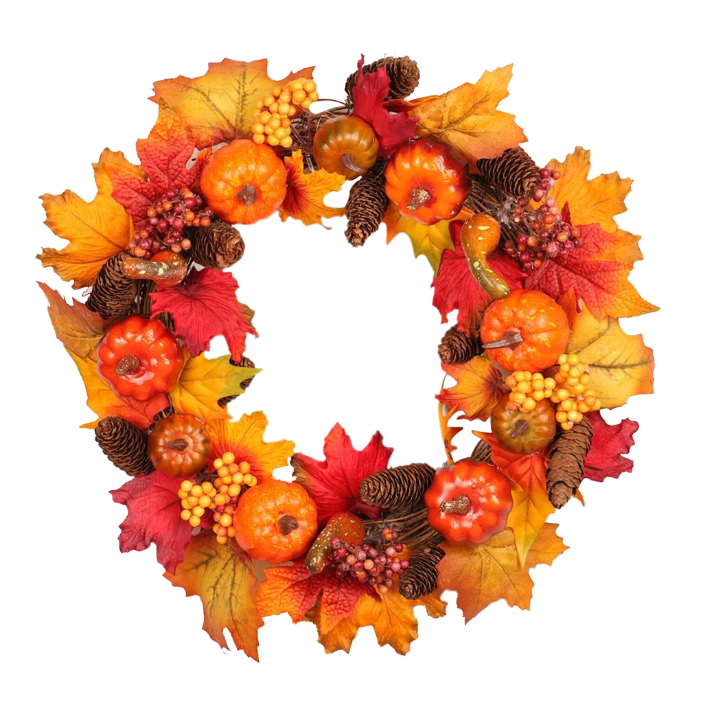 Fall Front Door Wreaths 18 Inch Pumpkin Harvest Wreath Autumn Mum Wreath Silk Maple Leaves For Thanksgiving Day