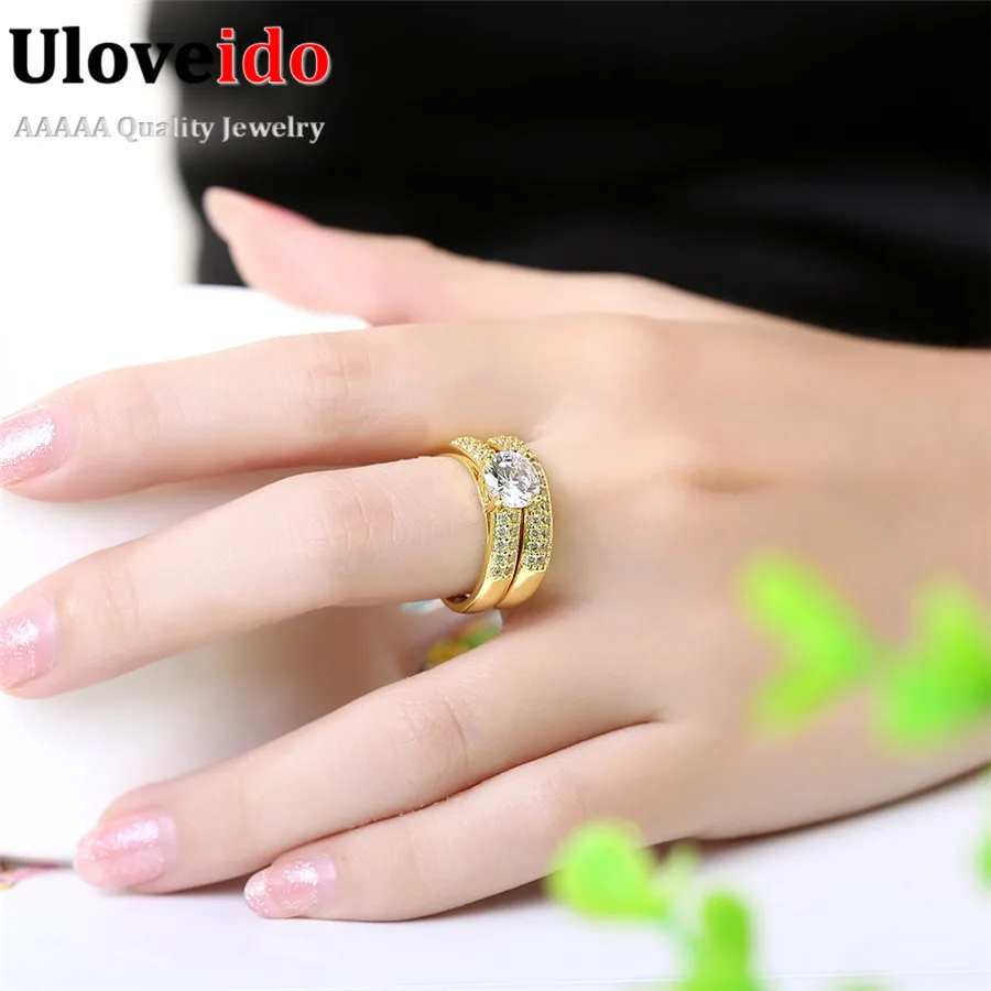 Uloveido Promise Engagement Double Rings For Couples Men Women Gold Color Pairs Wedding Ring Set for Men and Women 5% Off KR005