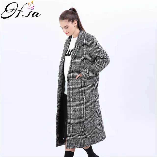 H.SA 2017 Autumn Winter Long Coats Korean Plaid Jacket