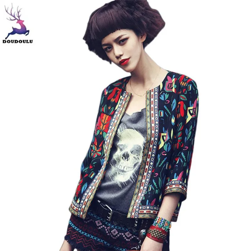 

DOUDOULU 2017 HOTSALE Women Ethnic Style Floral Printed Short Cardigan Top Blouse Slim Shawl satin Cardigan Blusas Casaco#WMEW