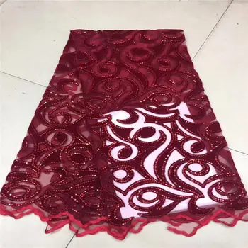 

Red Color French velvet Lace Fabric 2019 High Quality African Voile Flannel Lace Fraric With Sequins for Nigerian lace Wedding
