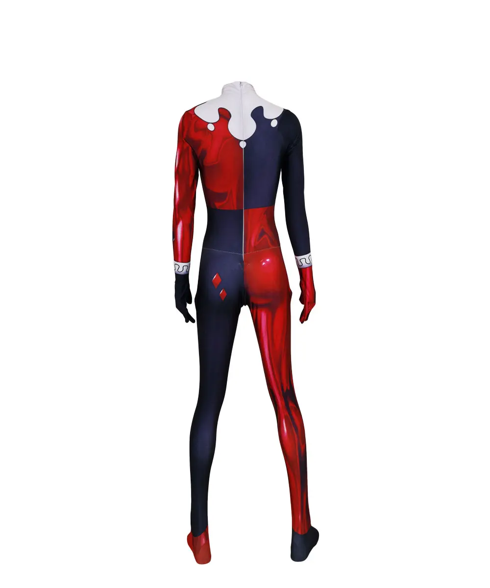 Для взрослых женщин и детей красный Шут девушка Харли Квинн косплей комбинезон Хэллоуин Аниме Moive костюм супергероя, зентай комбинезон боди