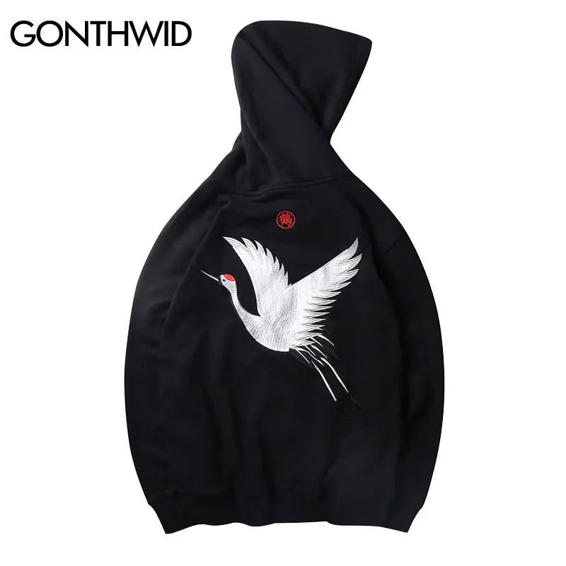 GONTHWID Embroidery Japanese Crane Hoodies Men/Women 2018 Hip Hop