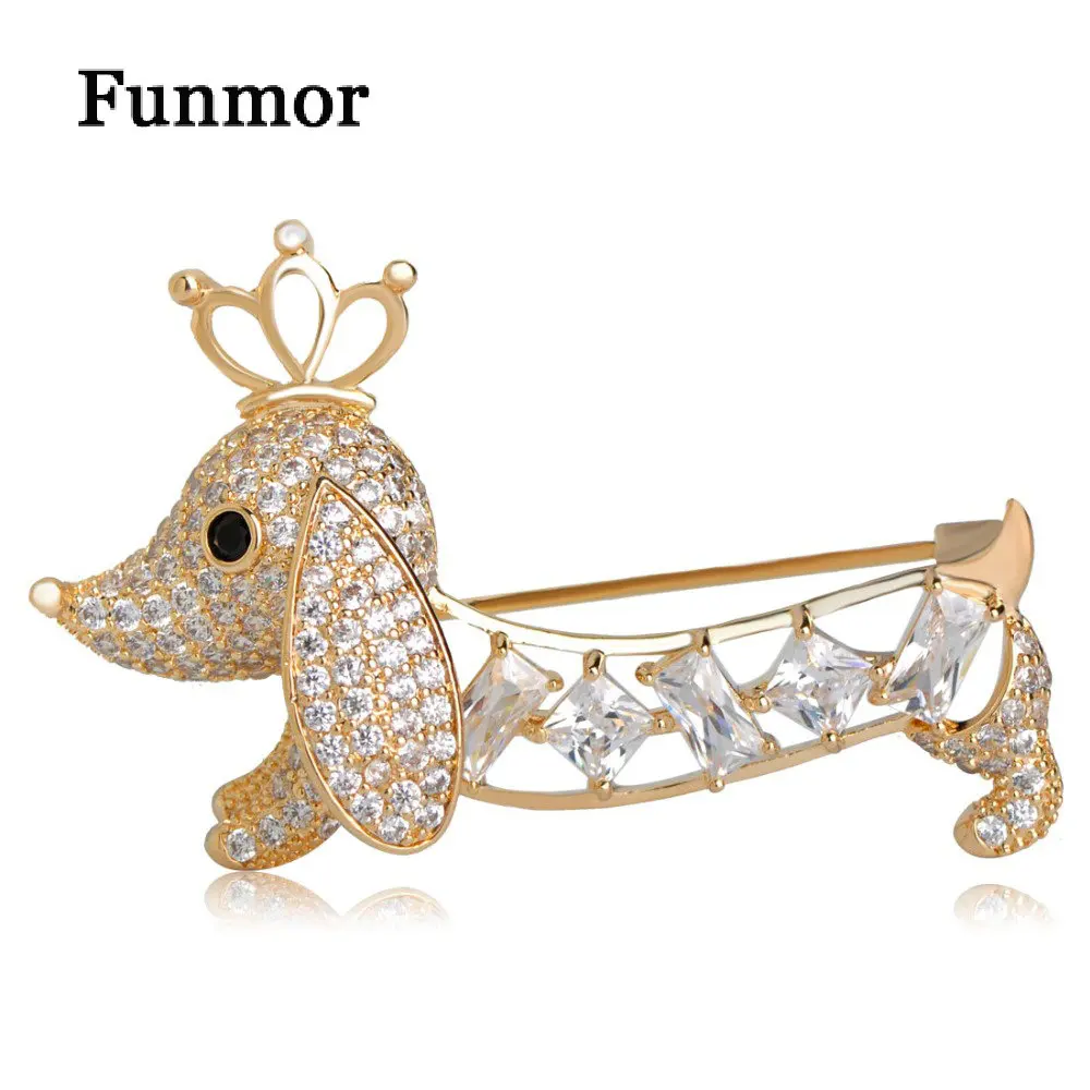 Funmor Pave CZ золотая корона король собака Броши для женщин детей полые багет вырезать
