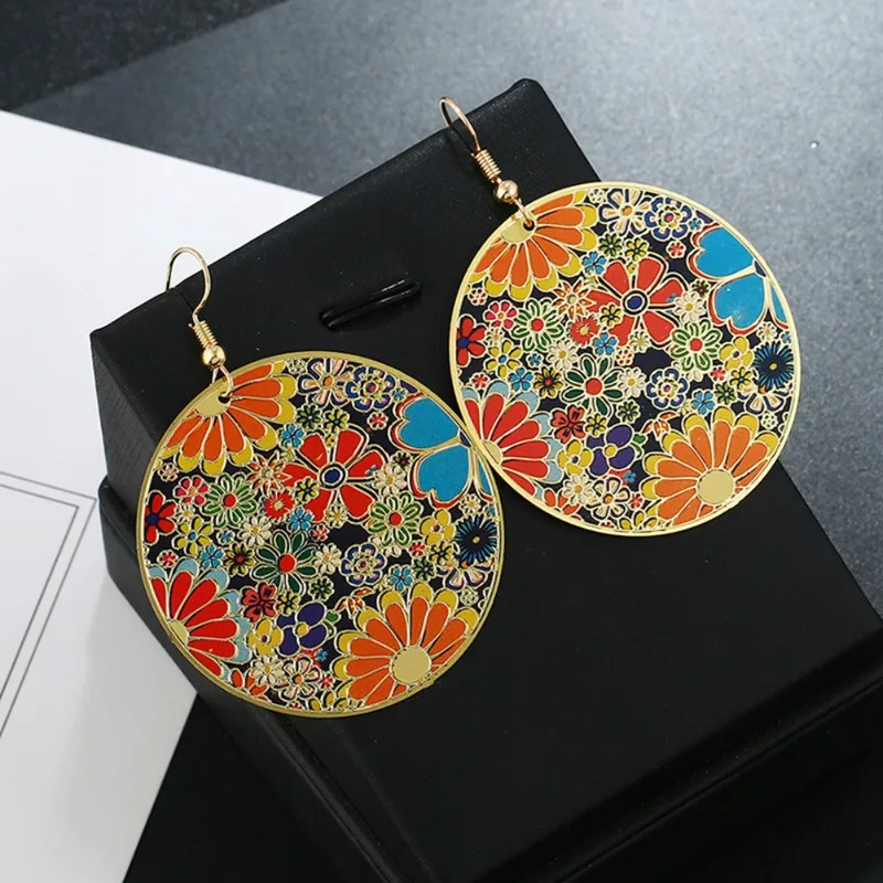 

Women Flower Pattern Round Shape Ladies Drop Earring Fashion Ethnic Dangle Earring Female Computer Earrings Jewelry
