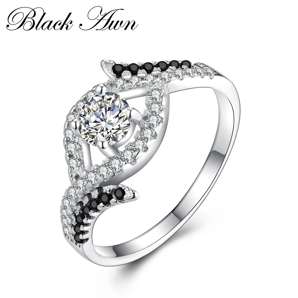 

[BLACK AWN] Genuine 100% Sterling 925 Silver Jewelry Square Black&White Stone Engagement Rings for Women C237
