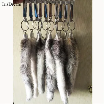 

White Gray 19cm Real Animal Fur Mink hair Fox Tail Keychain Key Chain Trinket For Women Car Key Holder Ring bag Decoration