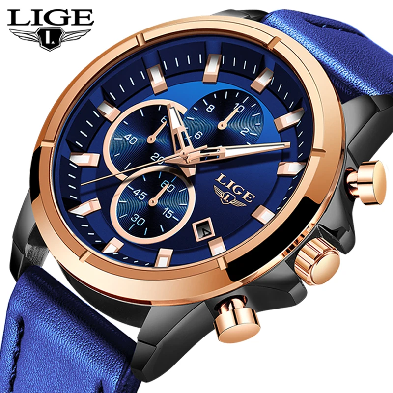 Preise LIGE Casual Sport Uhren Für Männer Blau Top Marke Luxus Military Leder Armbanduhr Mann Uhr Mode Chronograph Armbanduhr