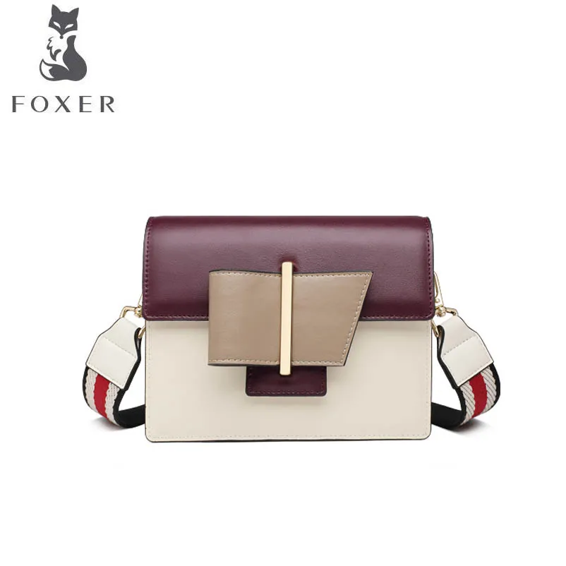 

FOXER bag for women 2019 new women leather bag designer Wide shoulder straps spell color fashion women leather shoulder bag