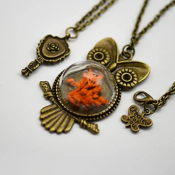 

60pcs/lot 2017 Retro Owl Necklaces&Pendants Half Glass Ball Dried Flower Glass Necklaces