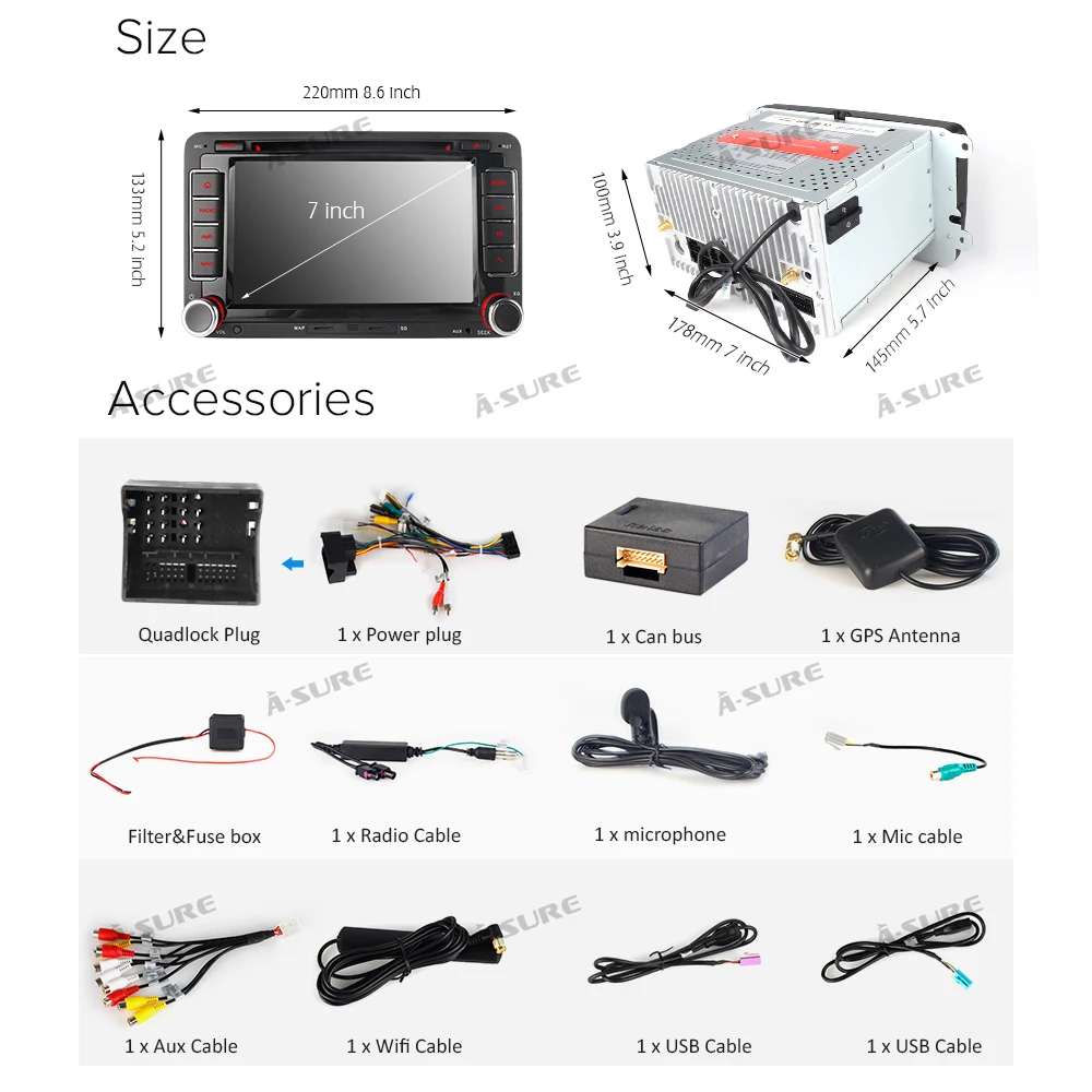 Excellent A-Sure 2 Din Android Auto Radio Car DVD Player Navigation GPS for VW Golf mk6 5 Polo Jetta Tiguan Passat B6 5 cc skoda octavia 5