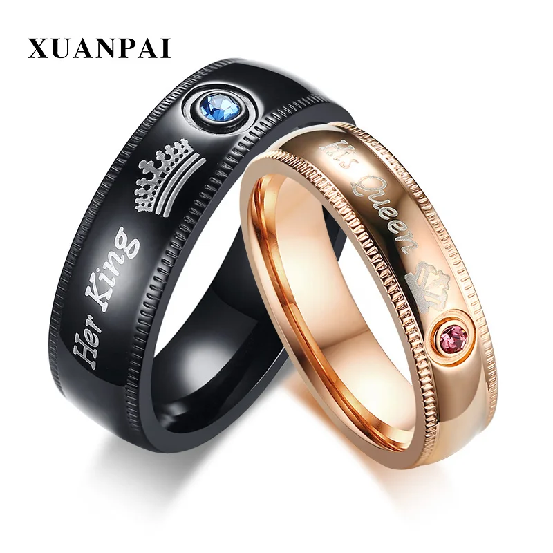 buy Trendy Couple Rings for Women Men Lovers #039; Wedding brands Black Gold CZ Zircon Stone Her King amp;His Queen Crown Customized Logo