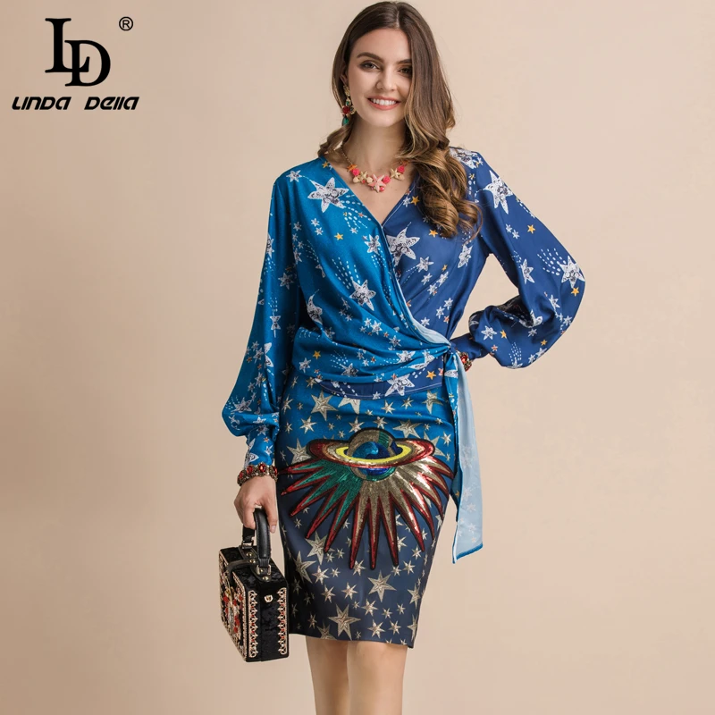 LD LINDA DELLA Nieuwe Fashion Runway Lente Zomer Suits Sexy V-hals Lantaarn Mouw En Lovertjes Print Rok Twee Stukken set LD LINDA DELLA Nieuwe Fashion Runway Lente Zomer Suits Sexy V-hals Lantaarn Mouw En Lovertjes Print Rok Twee Stukken set