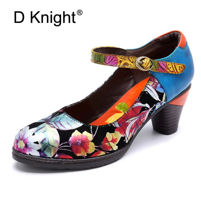 

Retro Bohemian Print Genuine Leather Women Pumps Big Size Buckle Strap Female Pumps Spring Summer New Office Ladies Bride Shoes