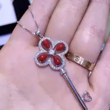 Натуральные красные коралловые драгоценный кулон S925 Серебряный натуральный драгоценный камень кулон Цепочки и ожерелья Модные счастливый клевер ключ для женщин Свадебные подарки украшения