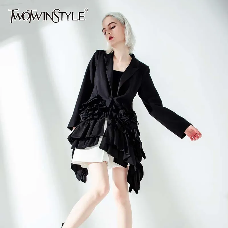 

TWOTWINSTYLE Summer Solid Blazer For Women Lapel Collar Long Sleeve Tunic Irregular Ruffles Jacket Female Fashion 2019 New