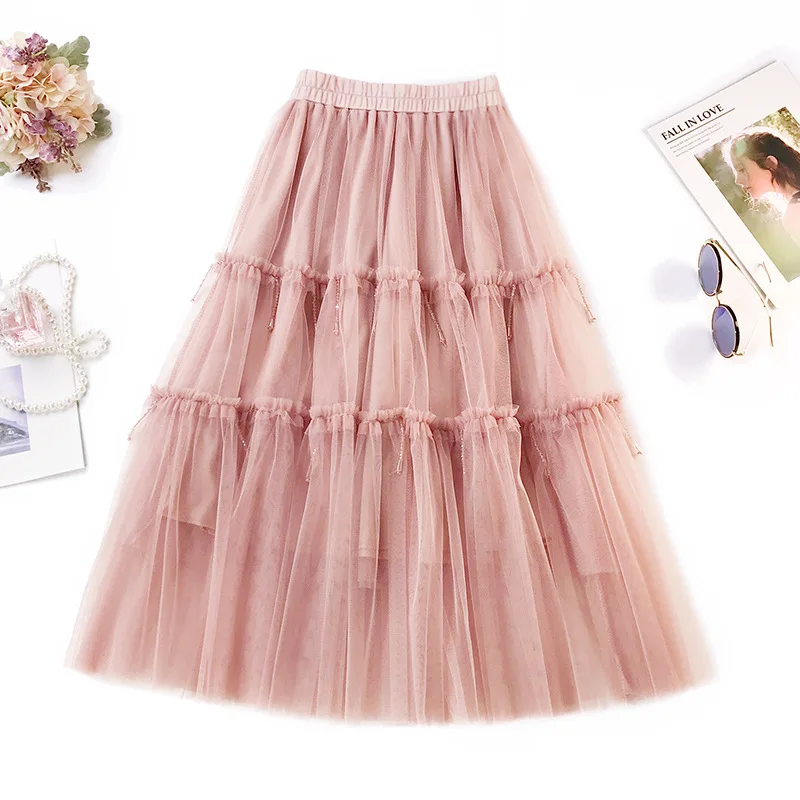 

2019 Hot Selling Heavy Work Bead Sweet Half Skirt Spring and Summer New Mesh Fairy Ladies Temperament