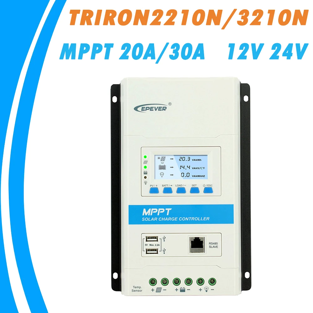Tanie EPEVER TRIRON MPPT 30A 20A 10A regulator ładowania słonecznego 12V 24V Auto czarne światło LCD modułowy regulator słoneczny ujemne uziemienie