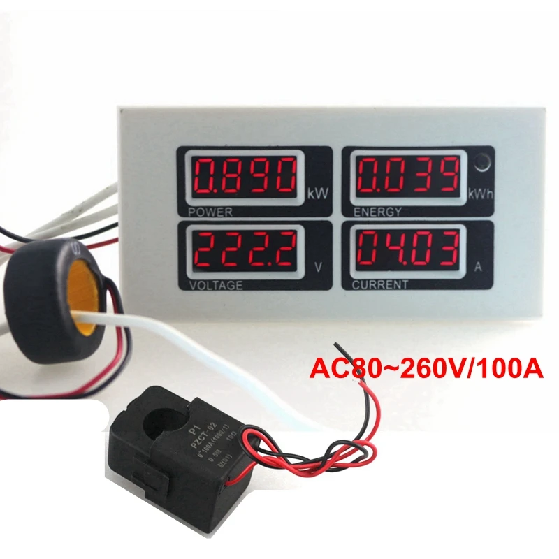 

AC 80~260V 100A Digital AC Voltage Current Power Energy Meter Volt Amp Watt kWh Monitor with PZCT-02 Coil