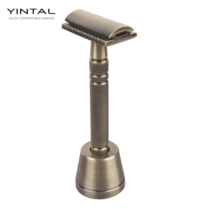 

YINTAL Men's Bronze Classic Double-sided Manual Razor Long Handle Safety Razors 1 Razor 1 Base Shaver Set Waterproof No Rust